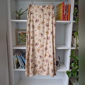Vintage Midi Skirt Brown Floral Print High Waist Large Boho Cottagecore Fairy